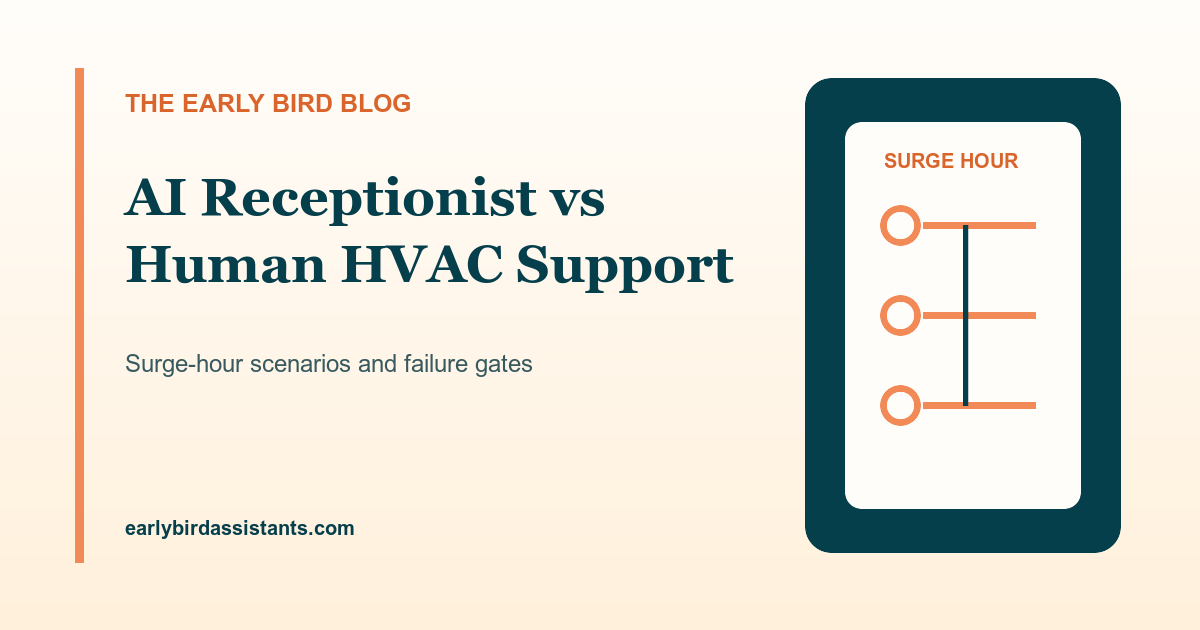 HVAC surge-hour call board comparing AI, shared live reception, and dedicated human ownership
