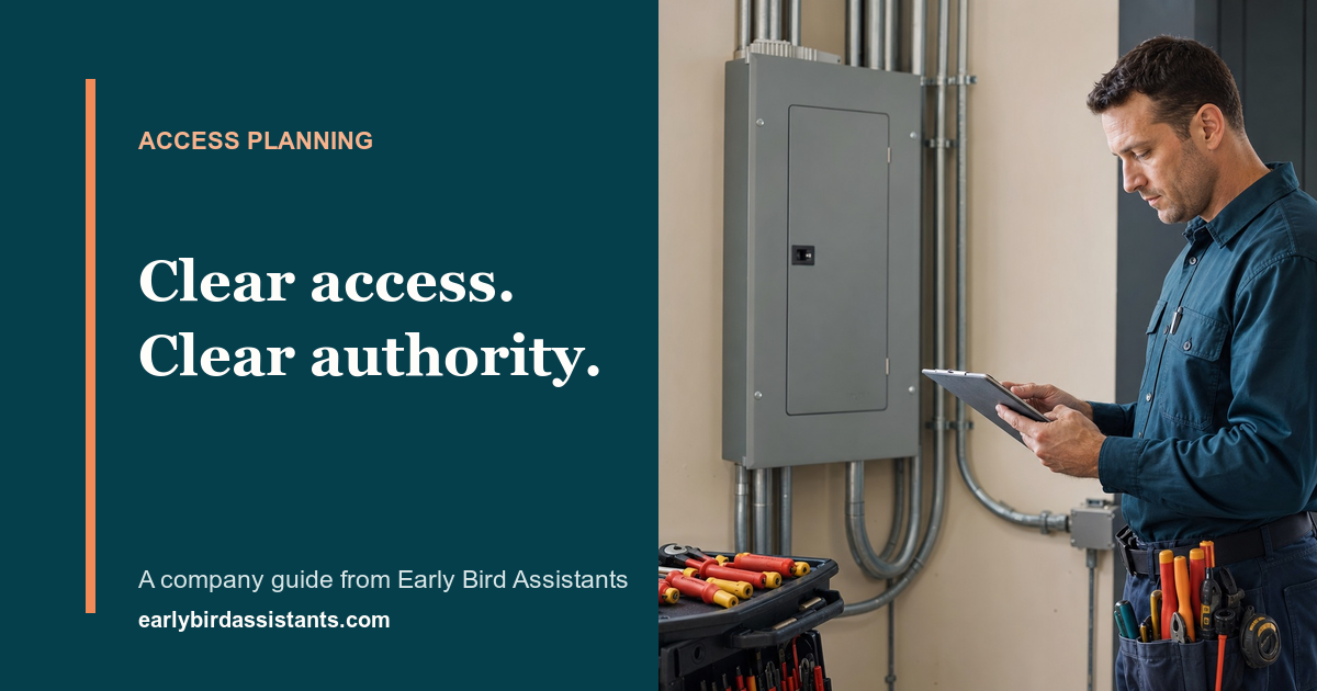 Electrical professional reviewing work beside a title about clear assistant access and authority
