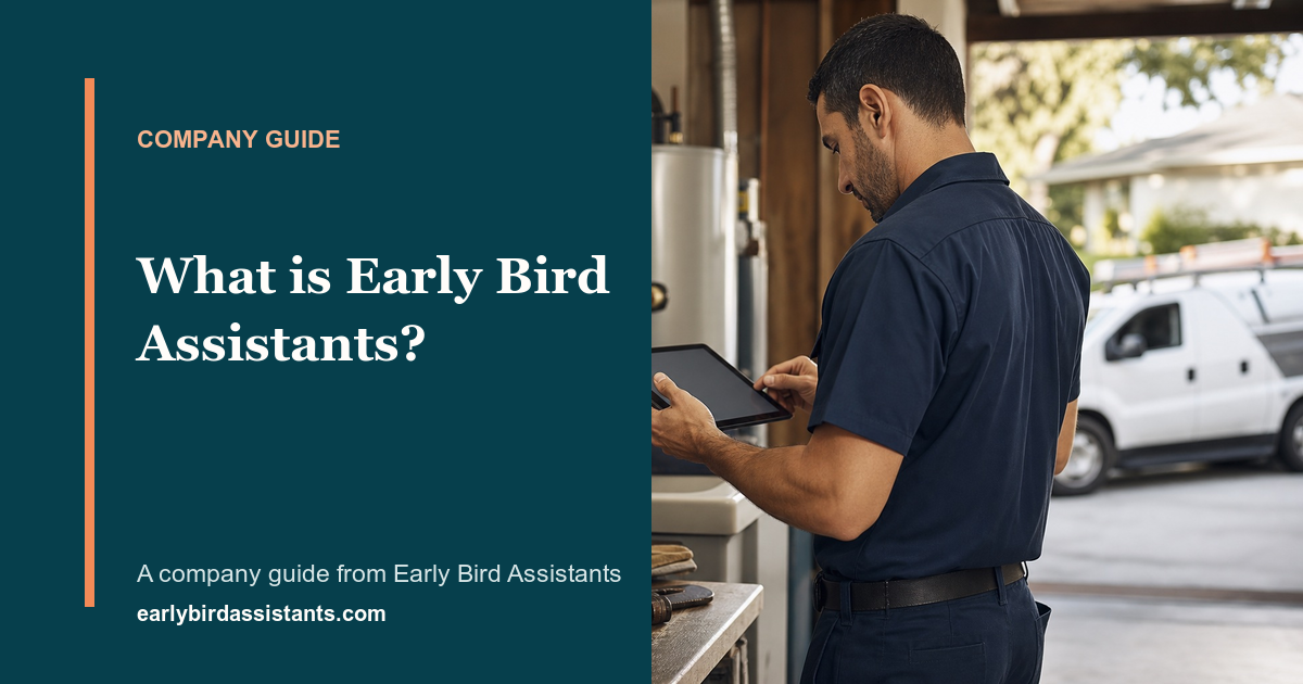 Plumbing professional reviewing job information on a tablet beside an Early Bird company guide