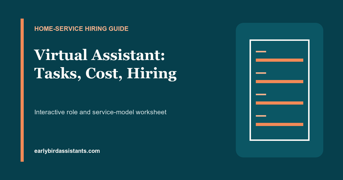 Home-service virtual assistant selection worksheet with task, coverage, and service-model columns
