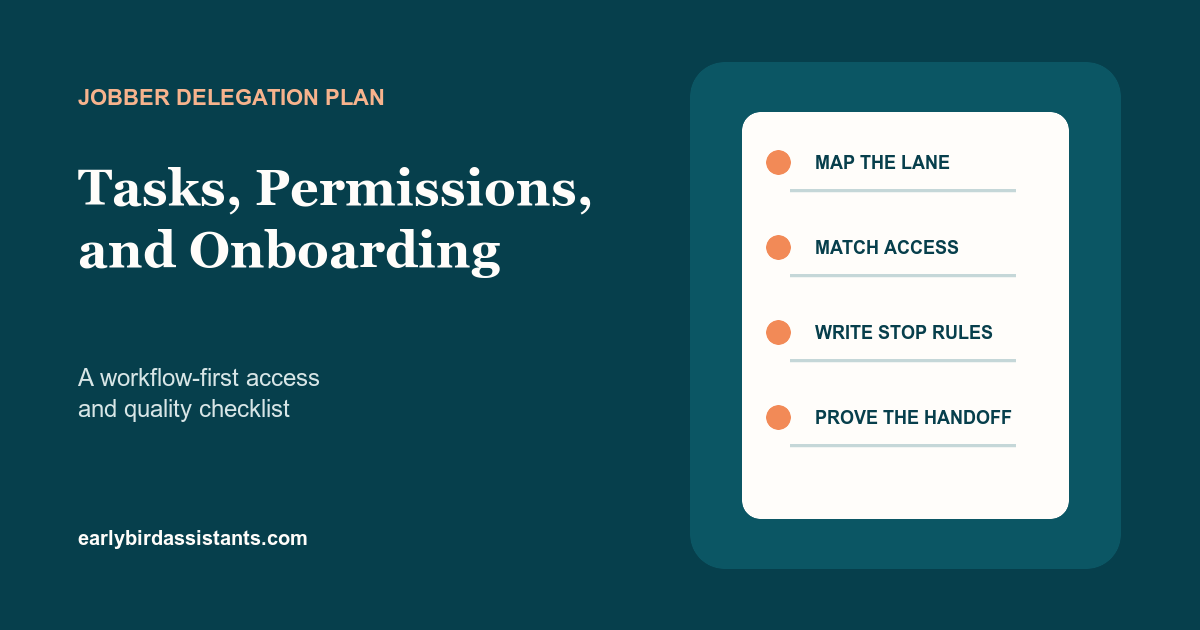 Jobber delegation checklist showing scope, access, stop rules, launch, and review