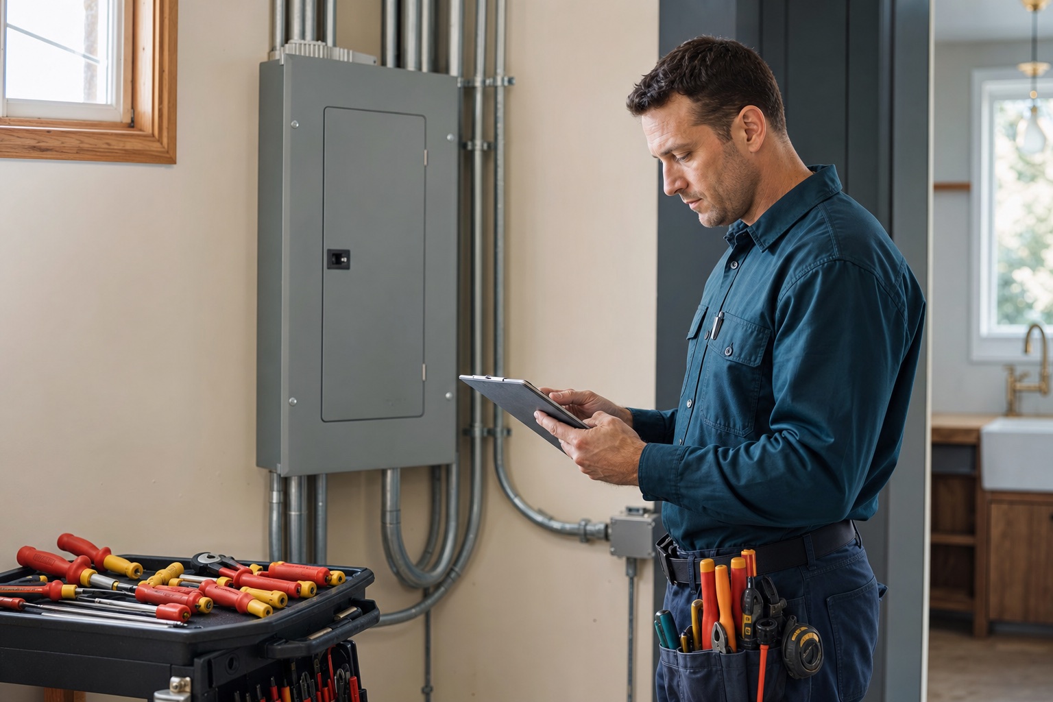 An electrical contractor reviewing project details beside an organized residential panel