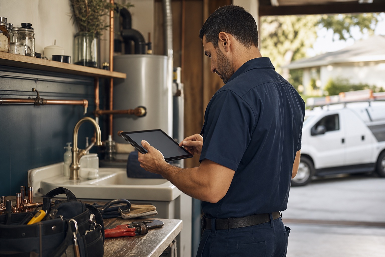 A plumbing professional reviewing service details on a tablet